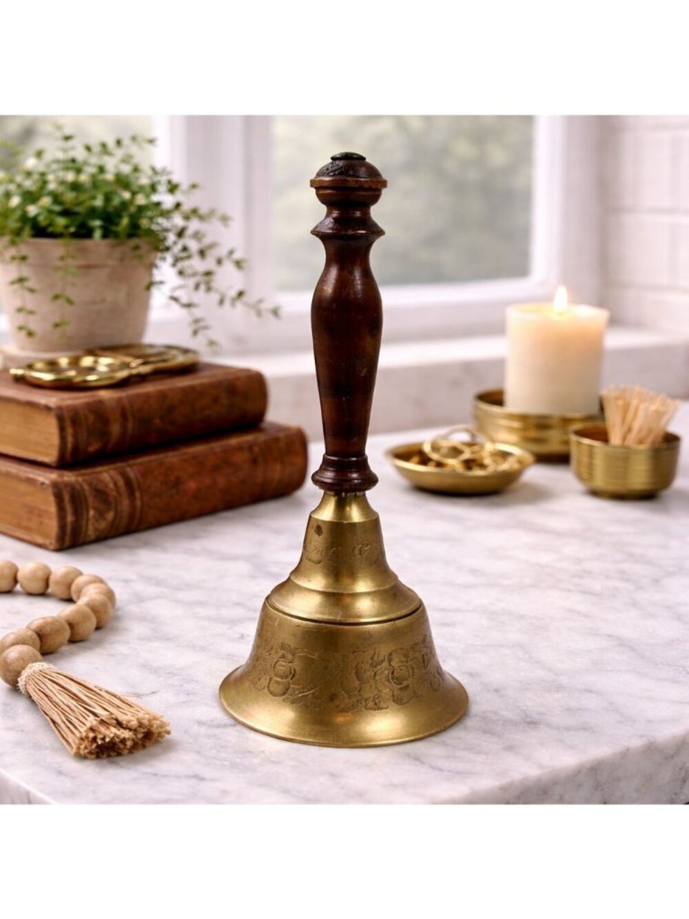 Vintage Brass Hand Bell With Wooden Handle & Engraved Floral Design 10"‎ Tall